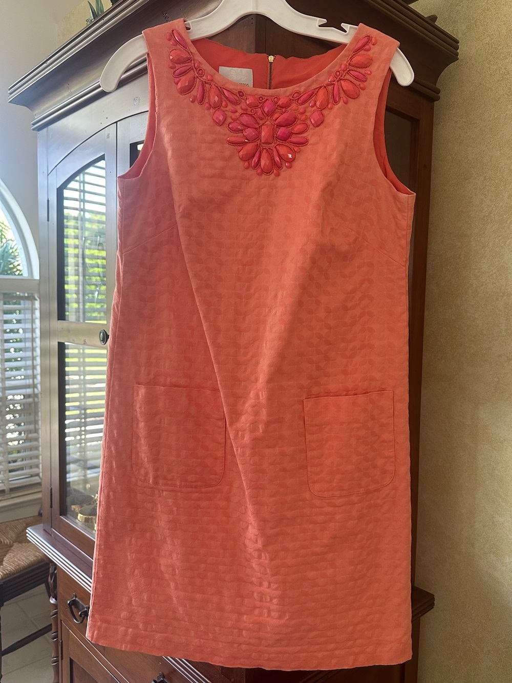 Donna Morgan Coral Pink Embellished Shift Midi Dress